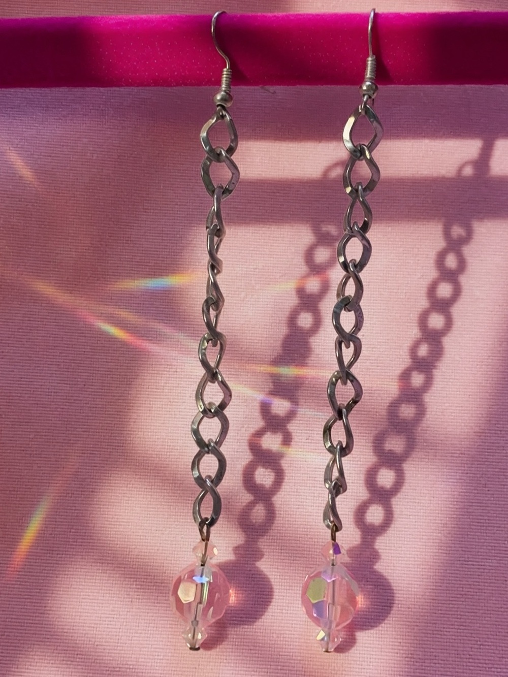 Iridescent Crystal Tip Earrings Long Single Silver Chain White Pink Rainbow Y2K